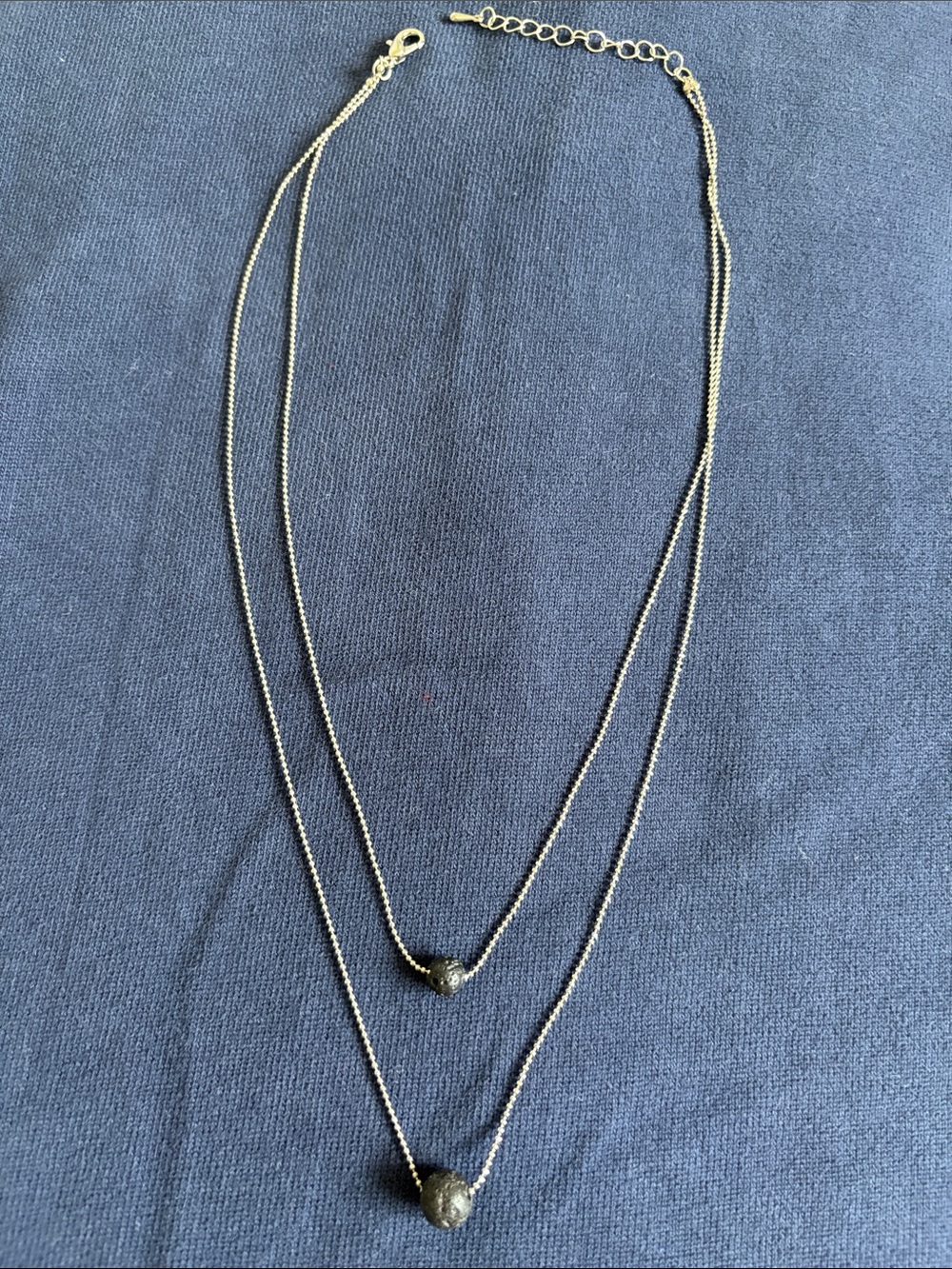 Pure Diffuser Lava Stone Double-Layer Silver Necklace with Textured Black Bead